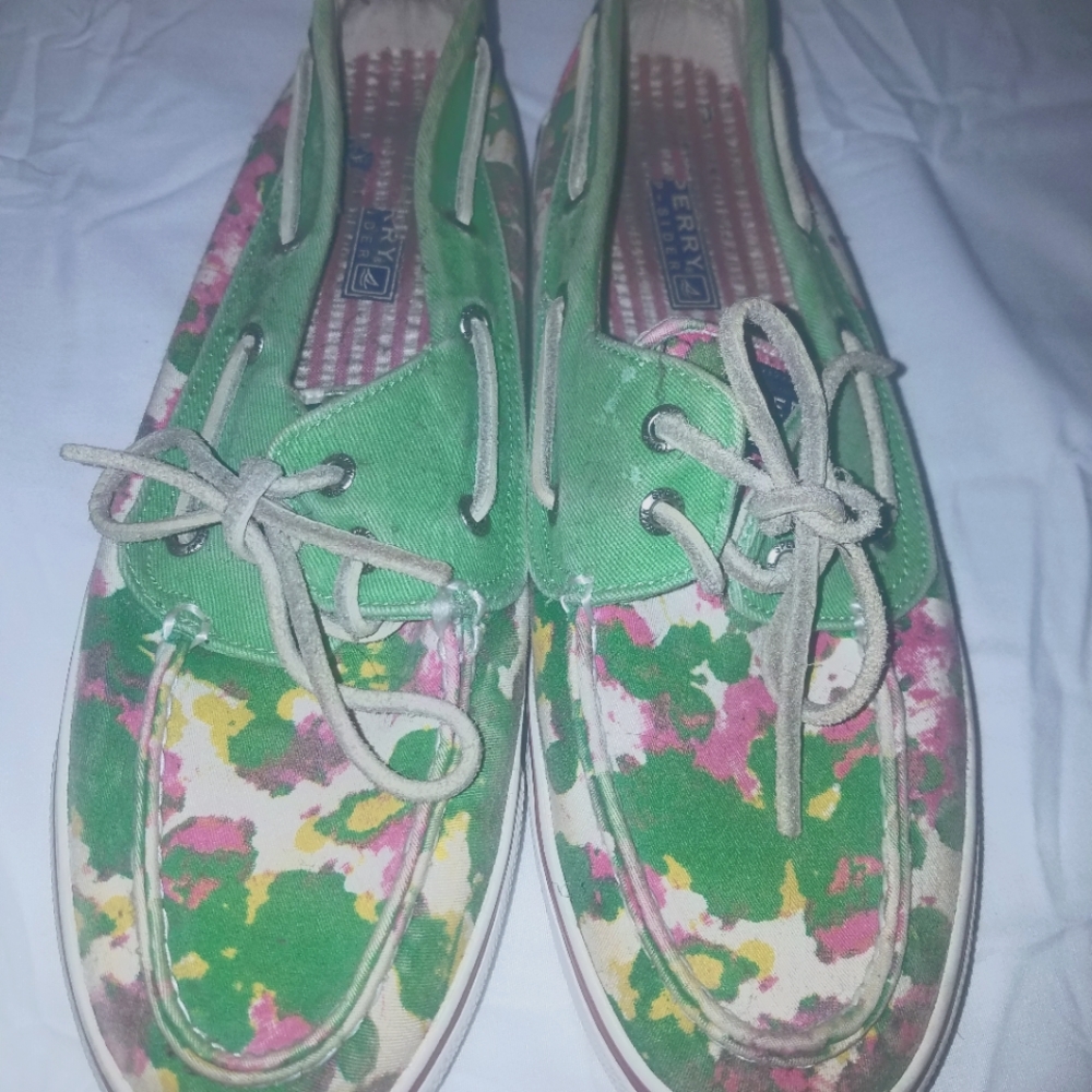Neon Paint Splatter Shoes Green White Yellow Pink Sperry Tops Size 8